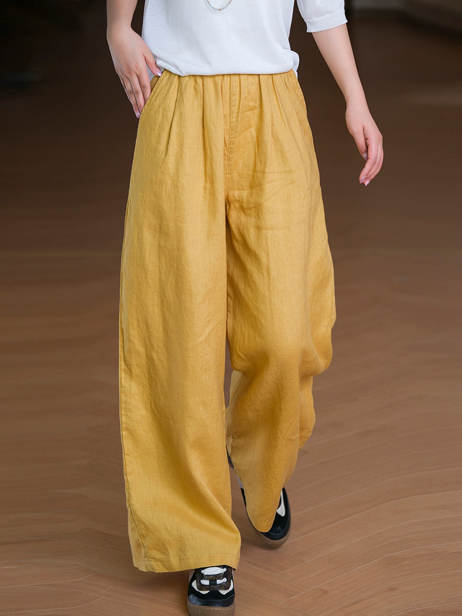 Women Summer Pure Color 100%Linen Straight Pants