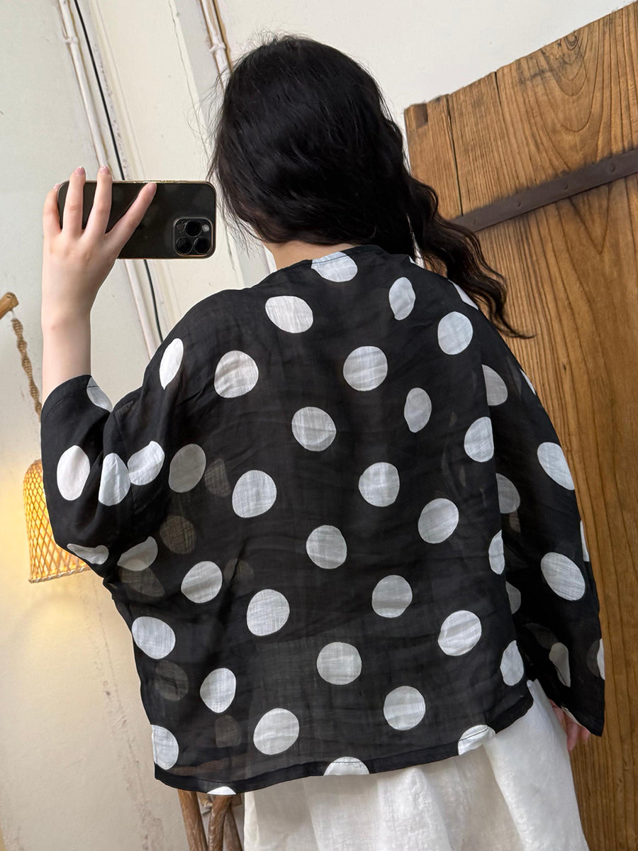 Women Summer Casual Dot O-Neck Ramie Shirt