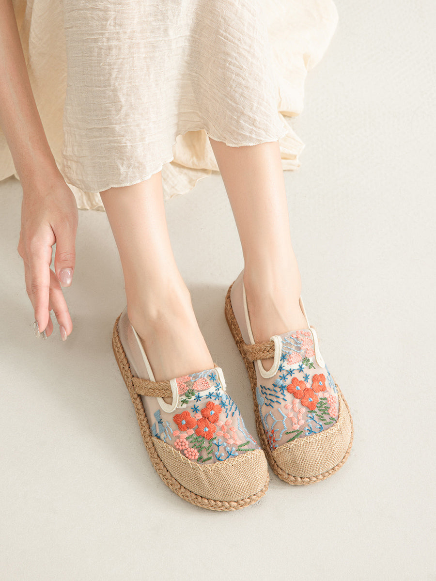 Women Summer Ethnic Flower Embroidery Linen Shoes