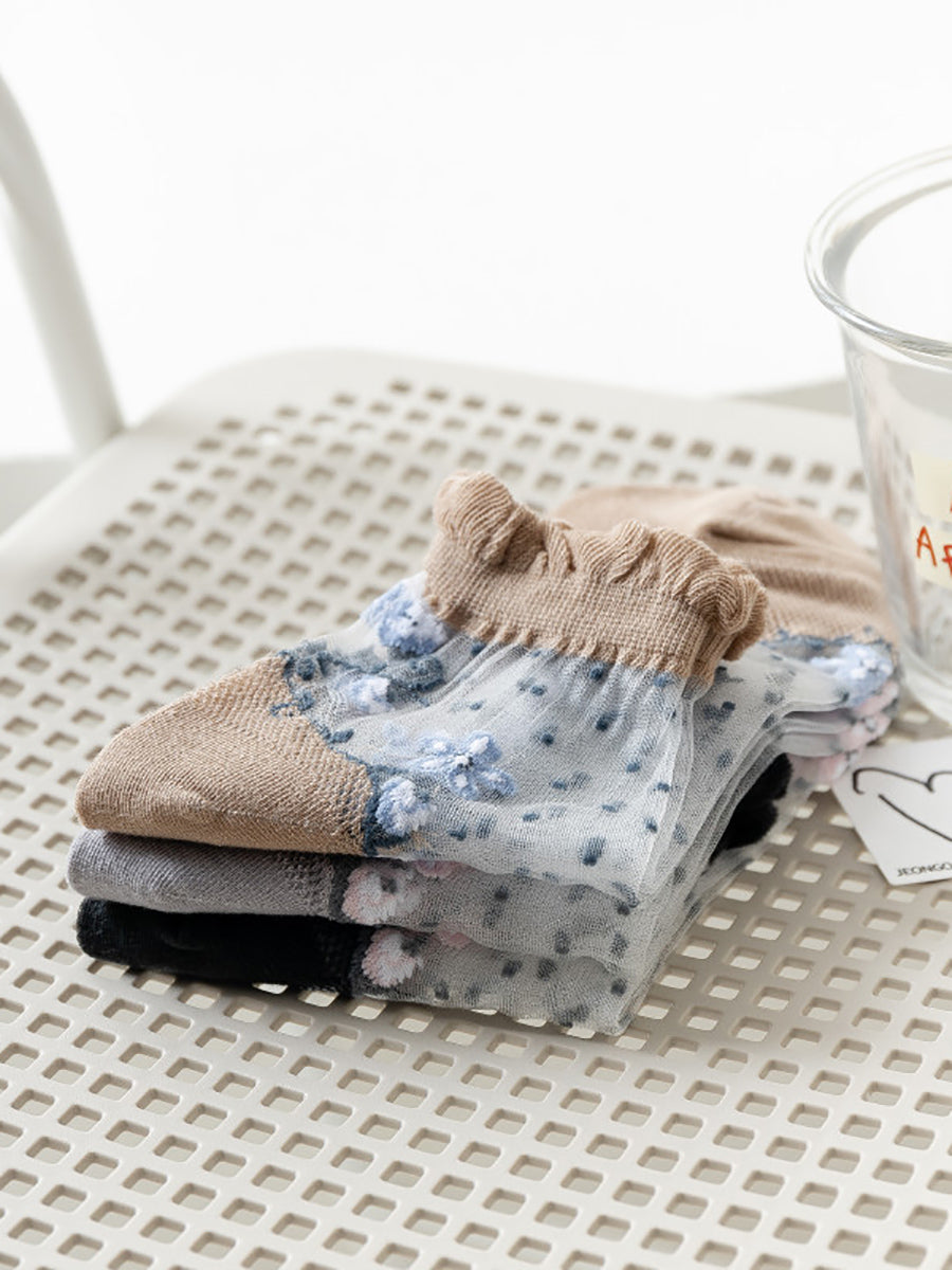 3 Pairs Women Artsy Flower Jacquard Lace Socks