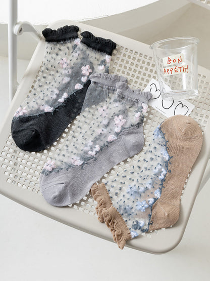 3 Pairs Women Artsy Flower Jacquard Lace Socks