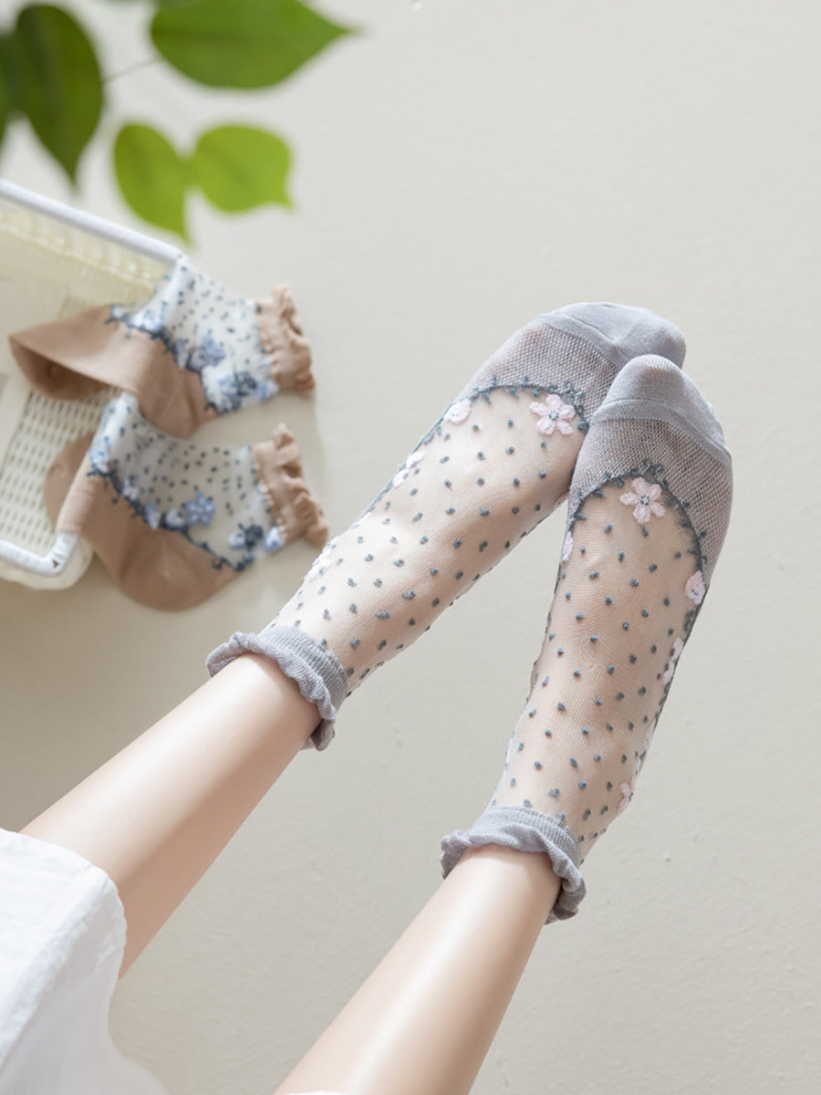 3 Pairs Women Artsy Flower Jacquard Lace Socks