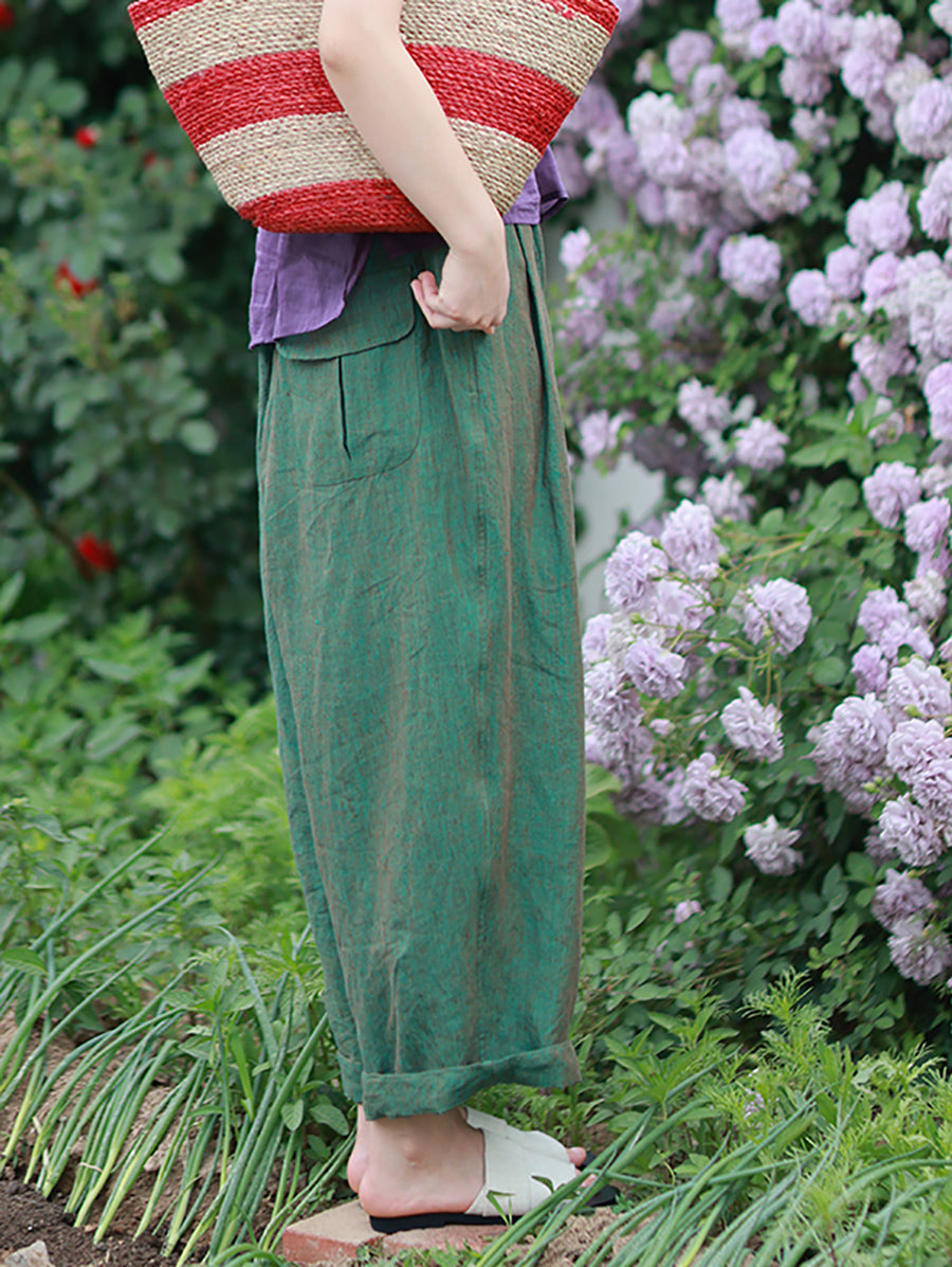 Plus Size Women Summer Pure Color 100%Linen Wide-leg Pants