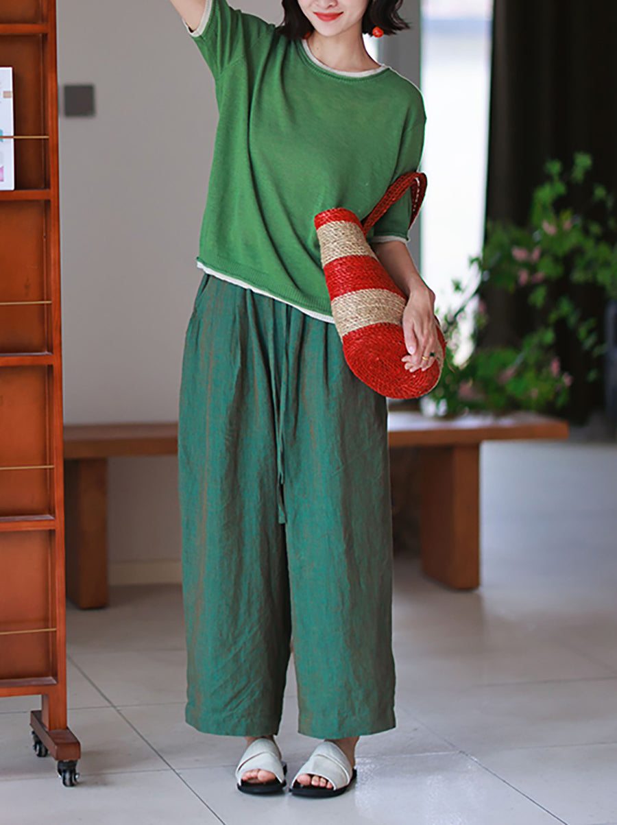 Plus Size Women Summer Pure Color 100%Linen Wide-leg Pants