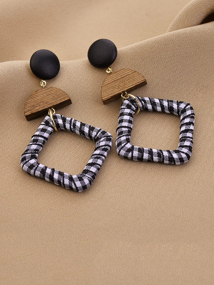 Women Ethnic Wooden Cloth Square S925Silver Earrings
