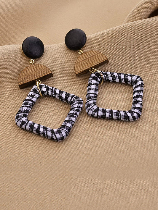 Women Ethnic Wooden Cloth Square S925Silver Earrings