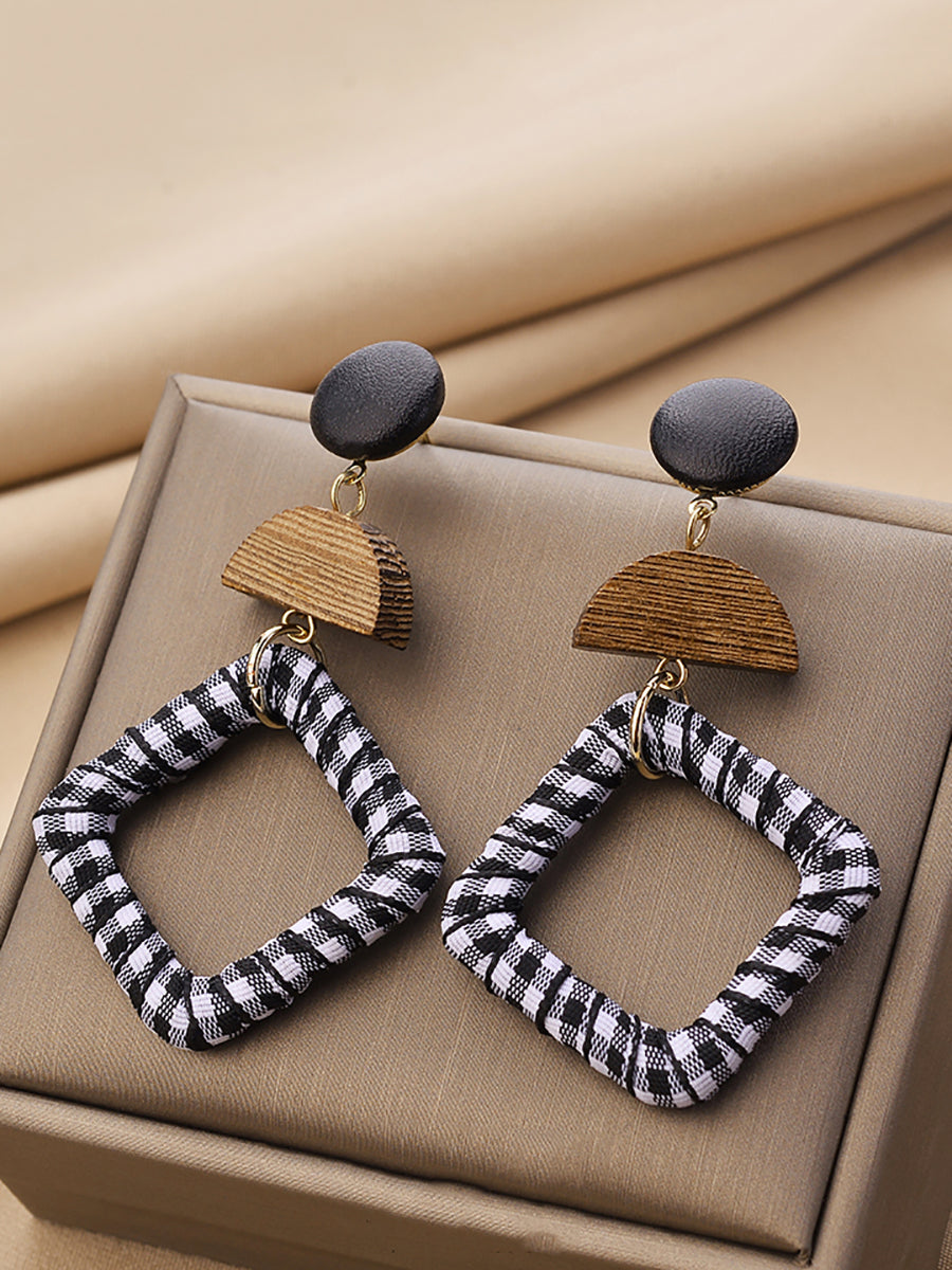 Women Ethnic Wooden Cloth Square S925Silver Earrings