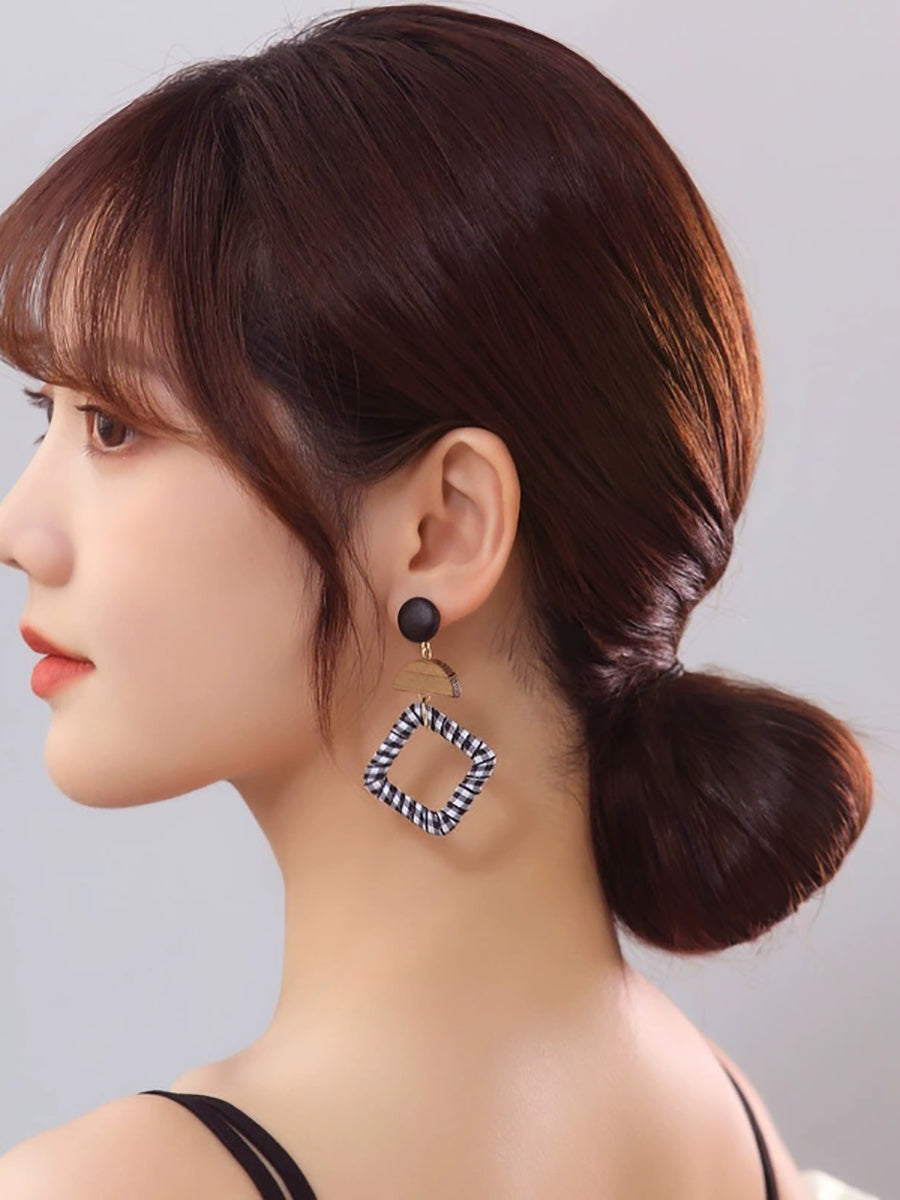 Women Ethnic Wooden Cloth Square S925Silver Earrings