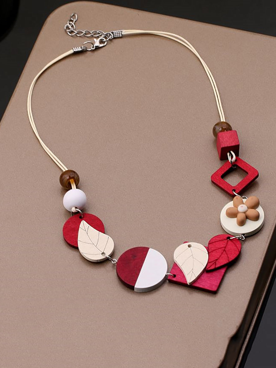 Women Fashion Geometric Wooden Weave Necklace