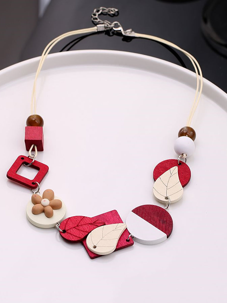 Women Fashion Geometric Wooden Weave Necklace