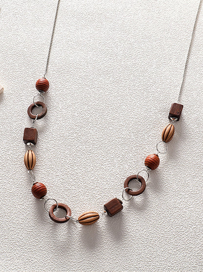 Women Vintage Geometric Wooden Plastic Alloy Necklace