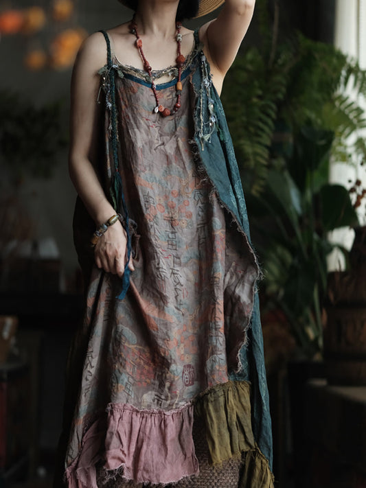 Women Summer Patch Spliced O-Neck 100%Ramie Vest Dress