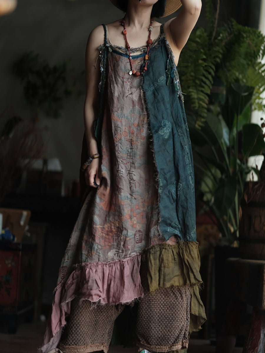 Women Summer Patch Spliced O-Neck 100%Ramie Vest Dress