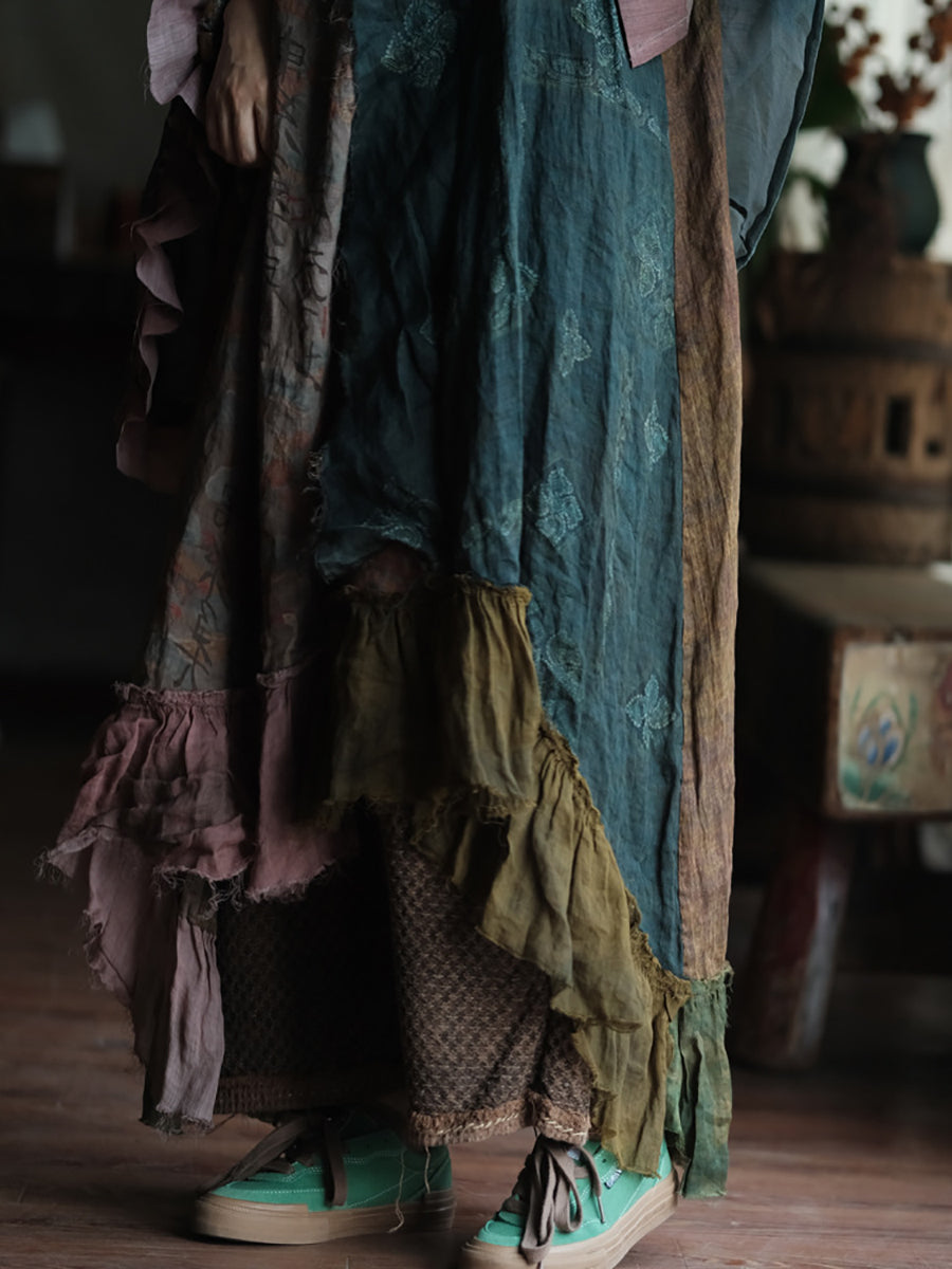 Women Summer Patch Spliced O-Neck 100%Ramie Vest Dress