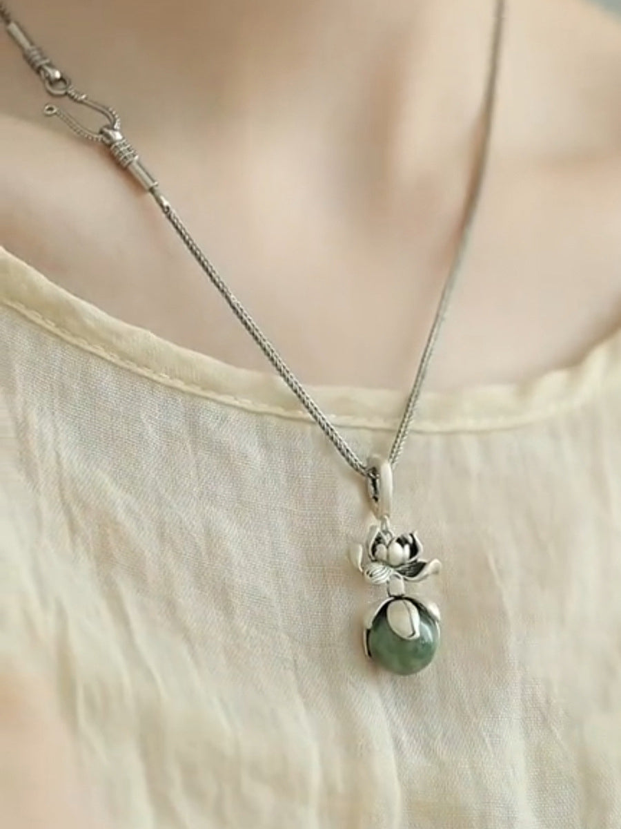 Women Ethnic Copper Flower Jade Necklace