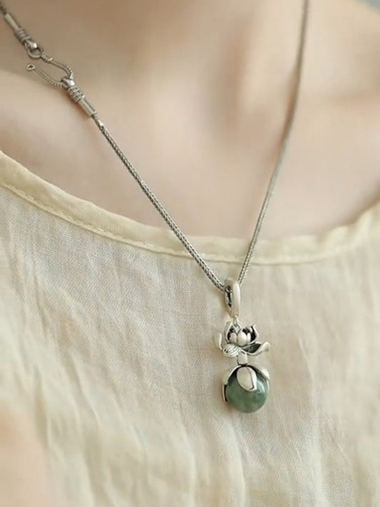 Women Ethnic Copper Flower Jade Necklace