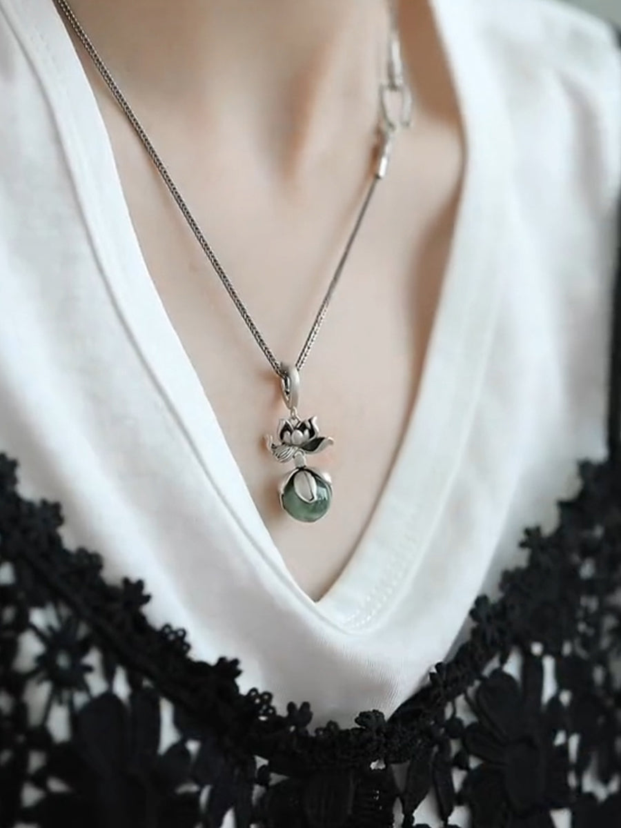 Women Ethnic Copper Flower Jade Necklace