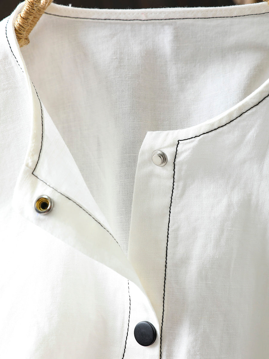 Women Summer Artsy Stripe Knitted O-Neck Linen Shirt