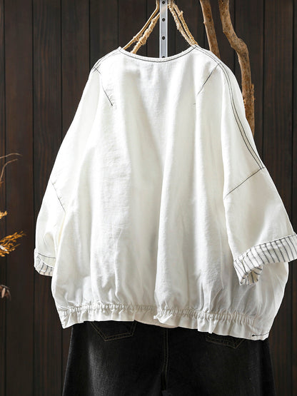 Women Summer Artsy Stripe Knitted O-Neck Linen Shirt