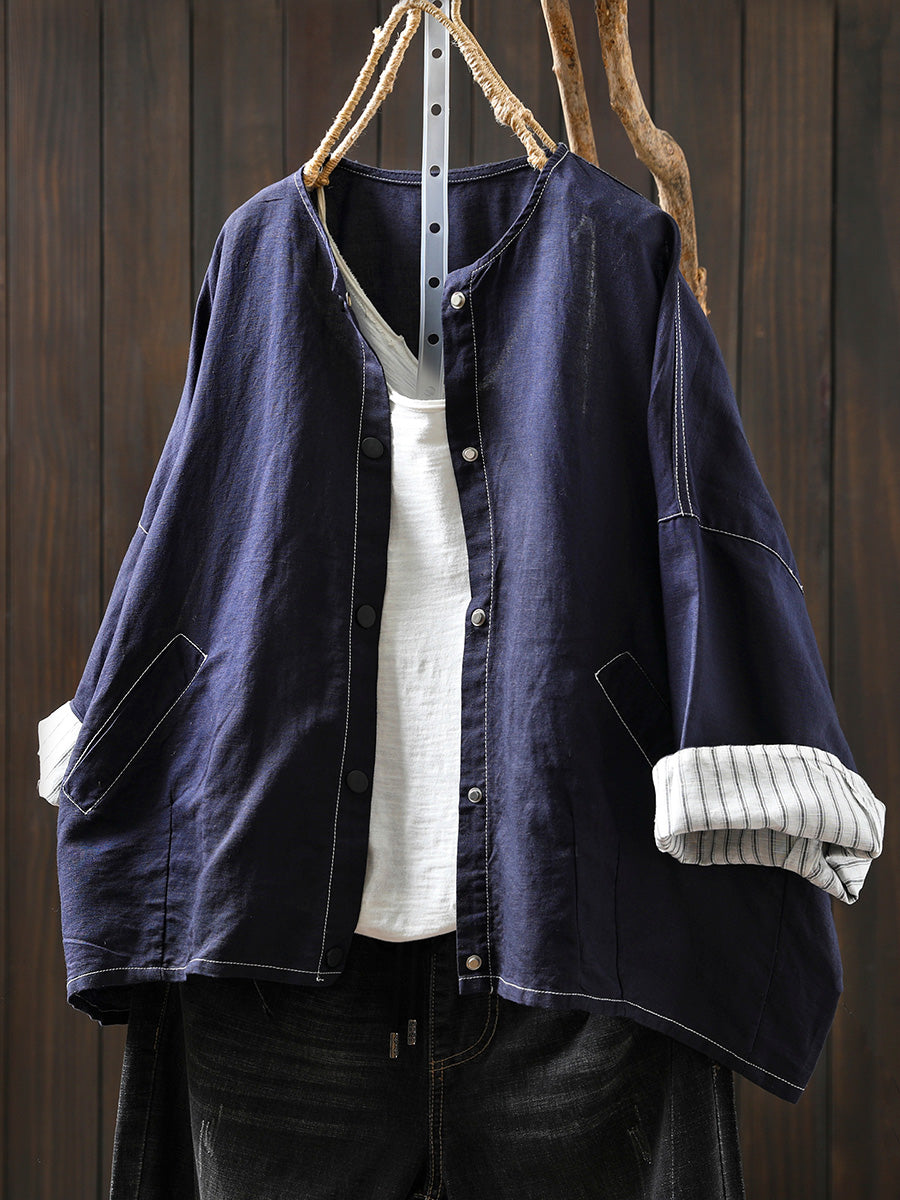 Women Summer Artsy Stripe Knitted O-Neck Linen Shirt