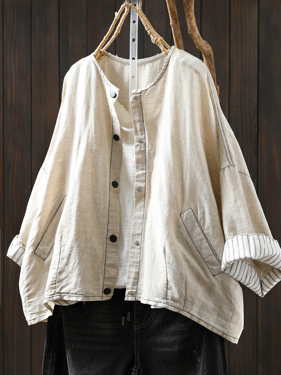 Women Summer Artsy Stripe Knitted O-Neck Linen Shirt