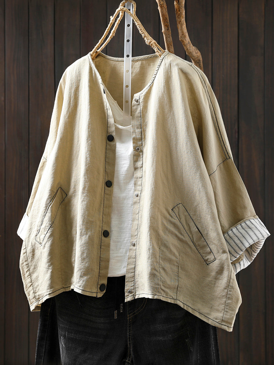 Women Summer Artsy Stripe Knitted O-Neck Linen Shirt