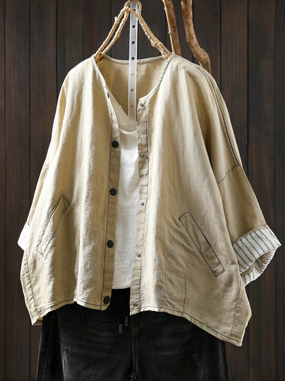 Women Summer Artsy Stripe Knitted O-Neck Linen Shirt