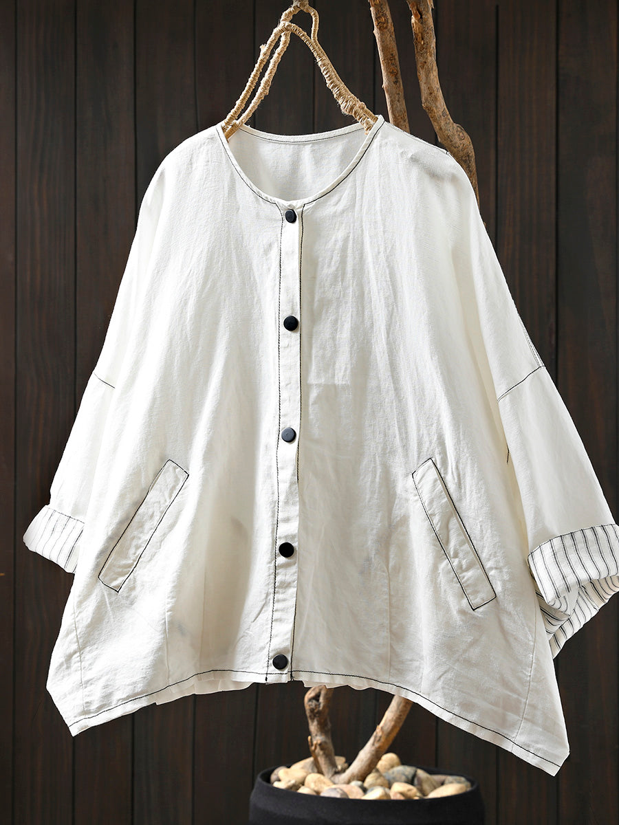 Women Summer Artsy Stripe Knitted O-Neck Linen Shirt