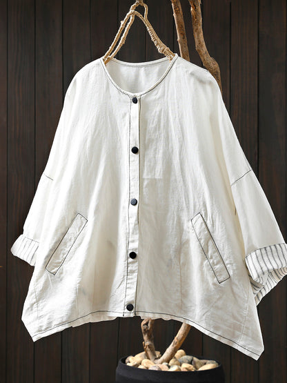 Women Summer Artsy Stripe Knitted O-Neck Linen Shirt
