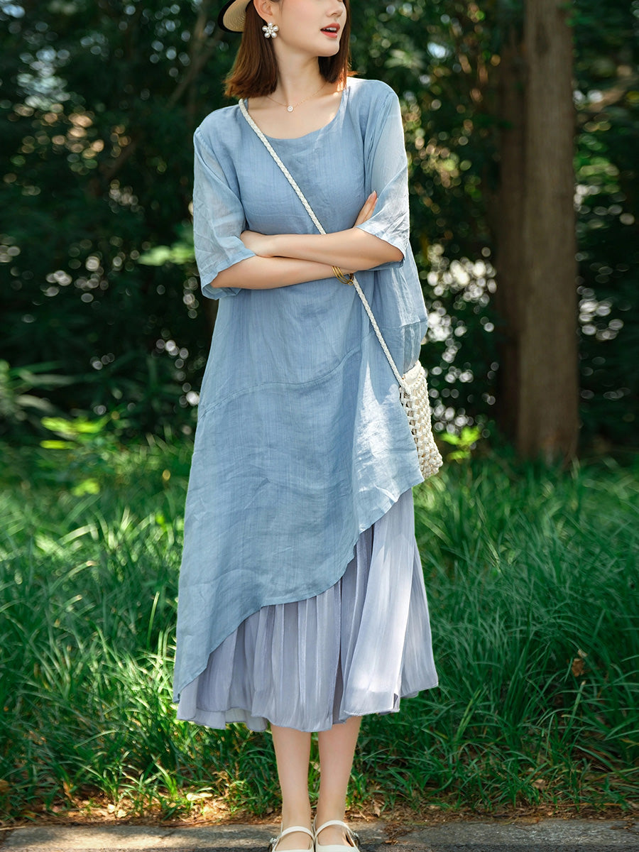 Plus Size Women Summer Pure Color Spliced O-Neck 100%Ramie Dress