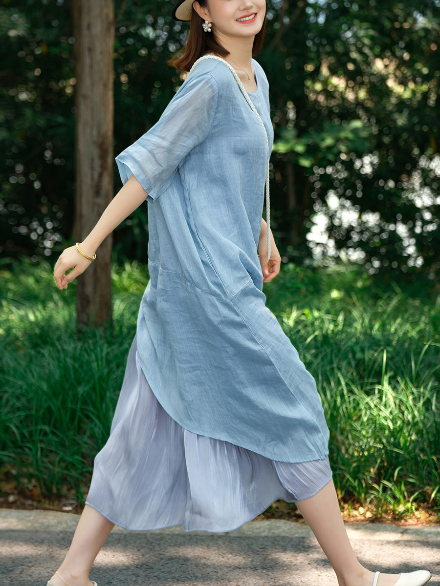 Plus Size Women Summer Pure Color Spliced O-Neck 100%Ramie Dress