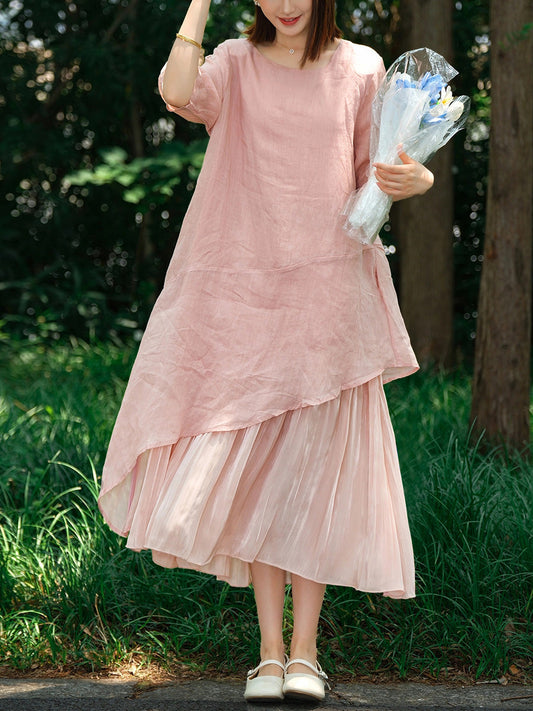 Plus Size Women Summer Pure Color Spliced O-Neck 100%Ramie Dress