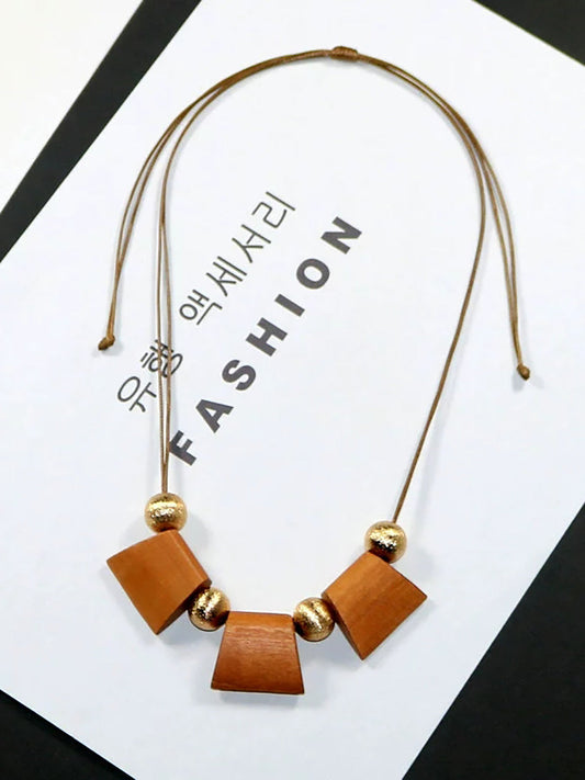 Women Fashion Geometric Wooden Bead Necklace