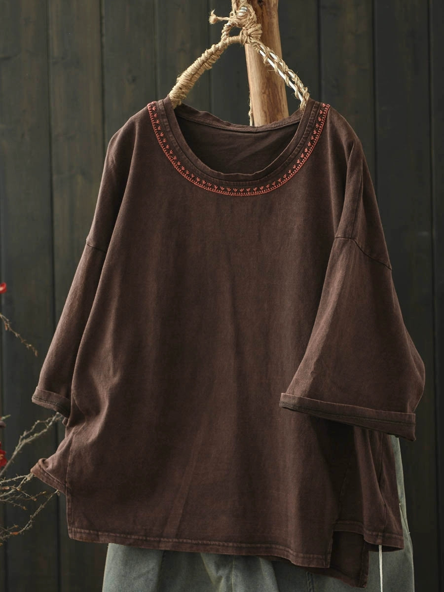 Women Summer Retro Embroidery Cotton O-Neck Shirt