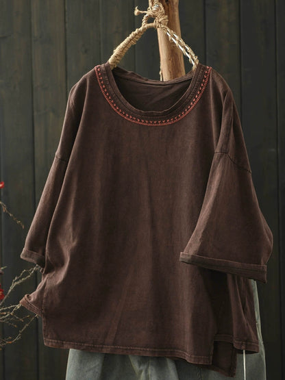Women Summer Retro Embroidery Cotton O-Neck Shirt