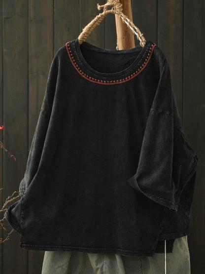 Women Summer Retro Embroidery Cotton O-Neck Shirt