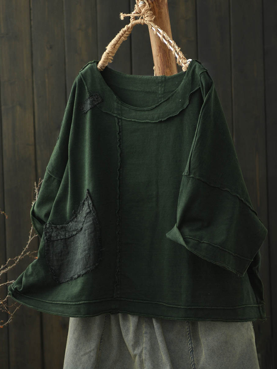 Plus Size Women Autumn Retro Pure Color Cotton Spliced O-Neck Shirt