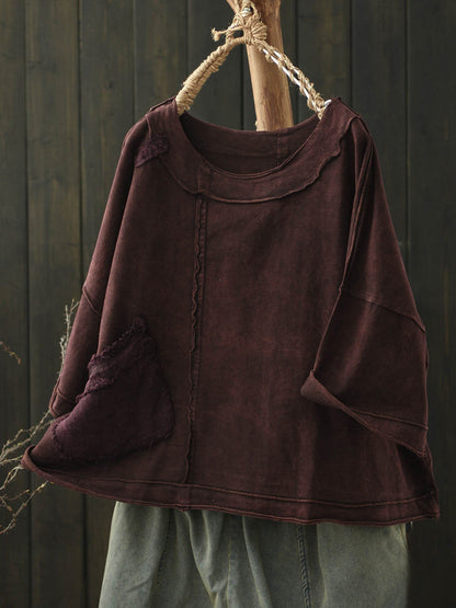 Plus Size Women Autumn Retro Pure Color Cotton Spliced O-Neck Shirt