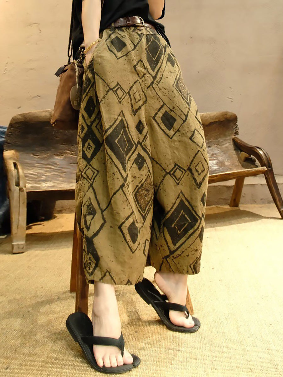 Women Summer Retro Rhomboids Hemp Harem Pants