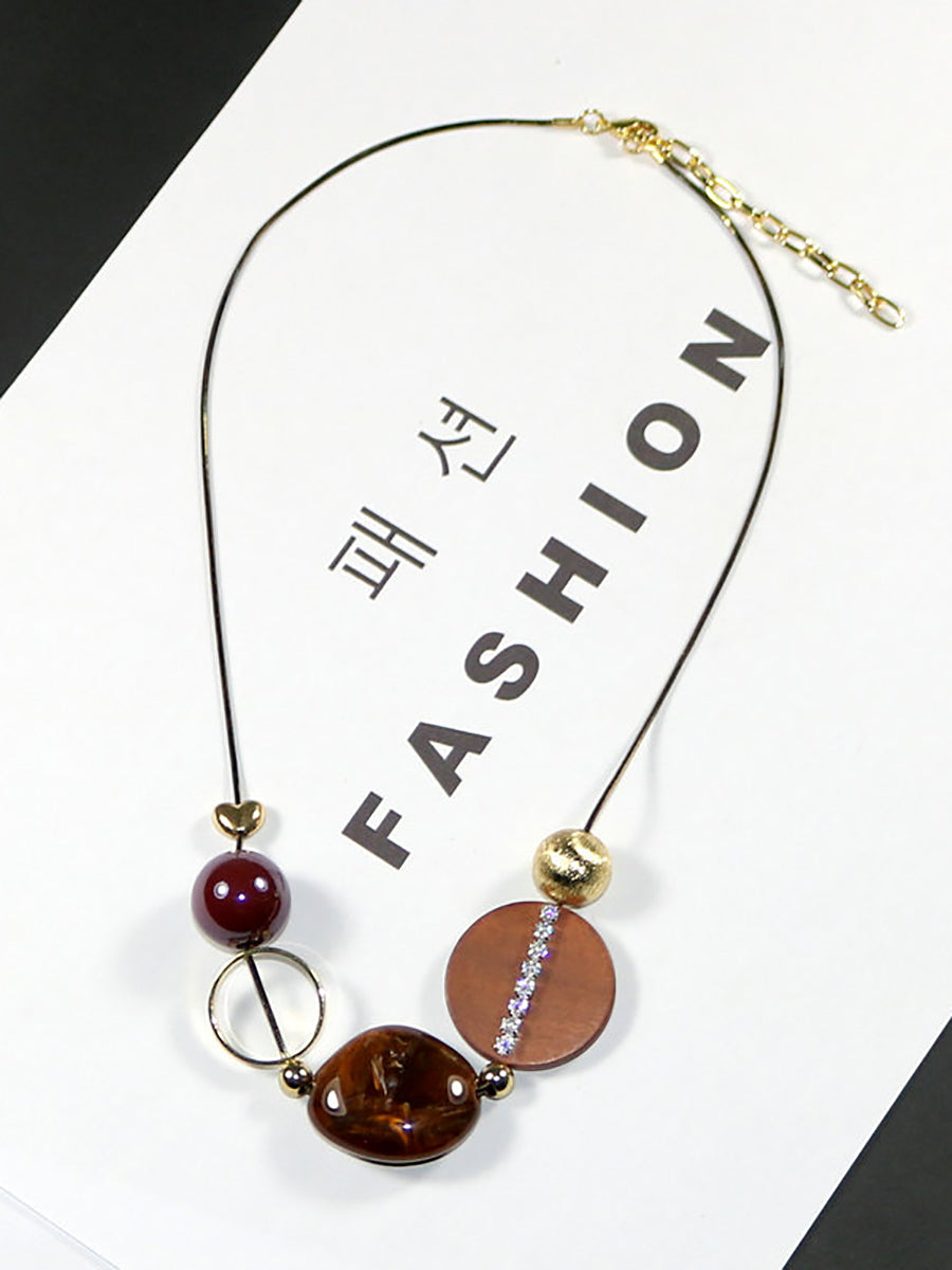 Women Vintage Wooden Bead Acrylic Alloy Necklace
