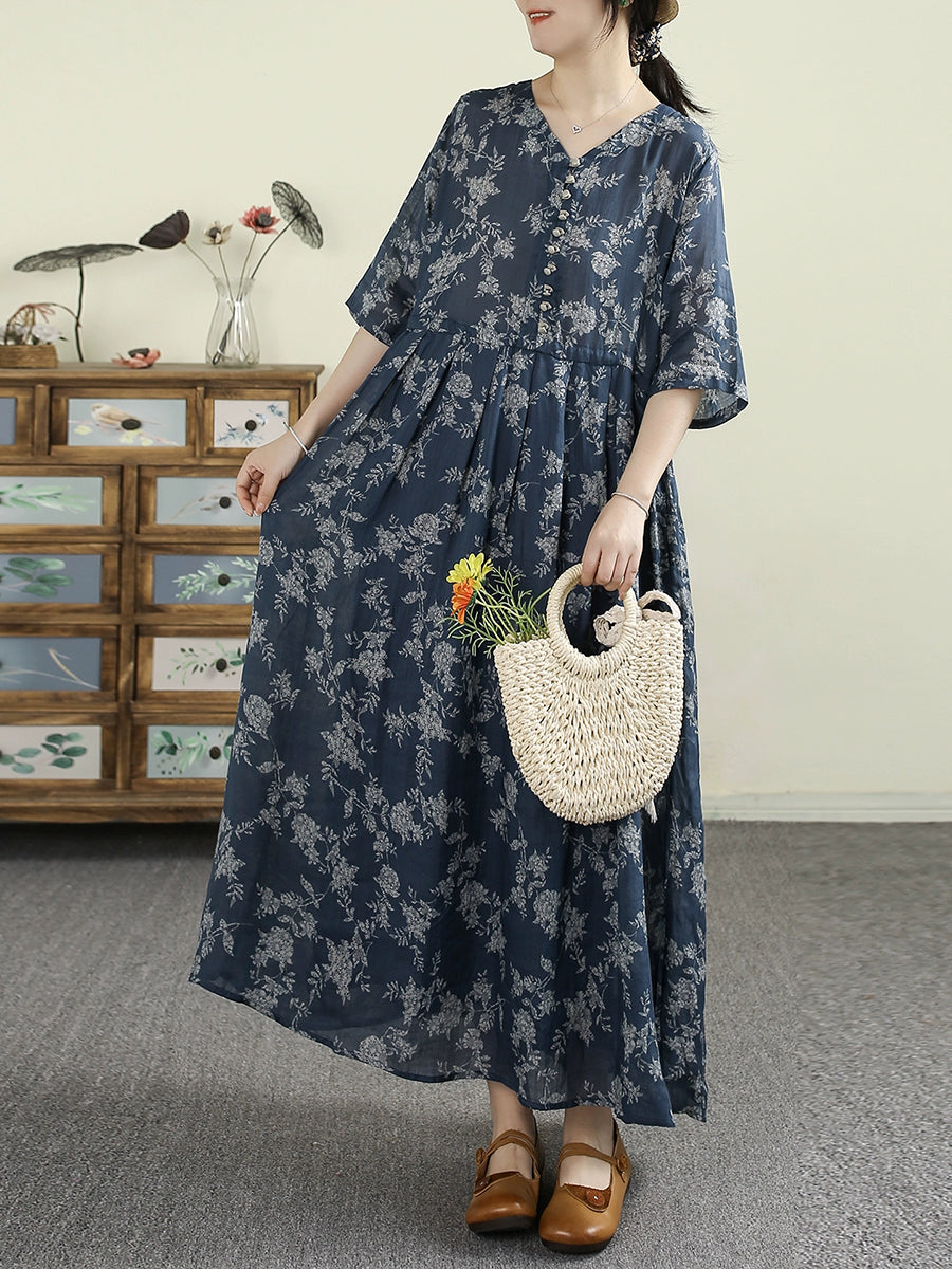 Plus Size Women Summer Vintage Flower V-Neck 100%Ramie Dress