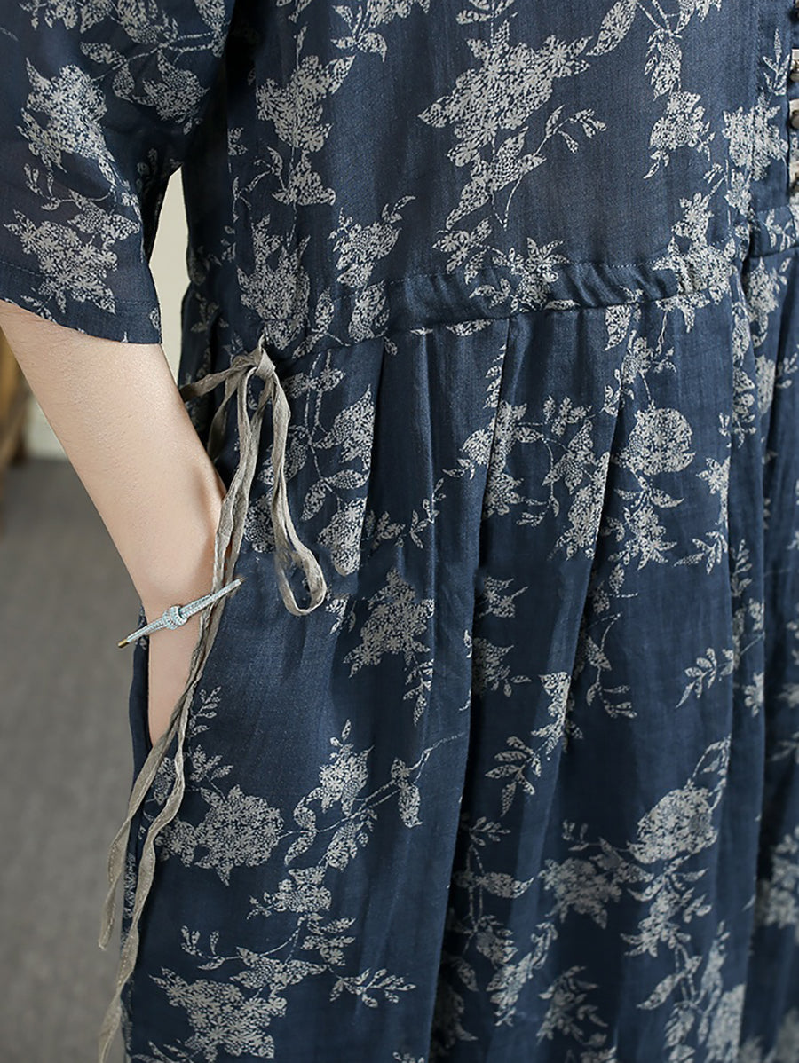 Plus Size Women Summer Vintage Flower V-Neck 100%Ramie Dress