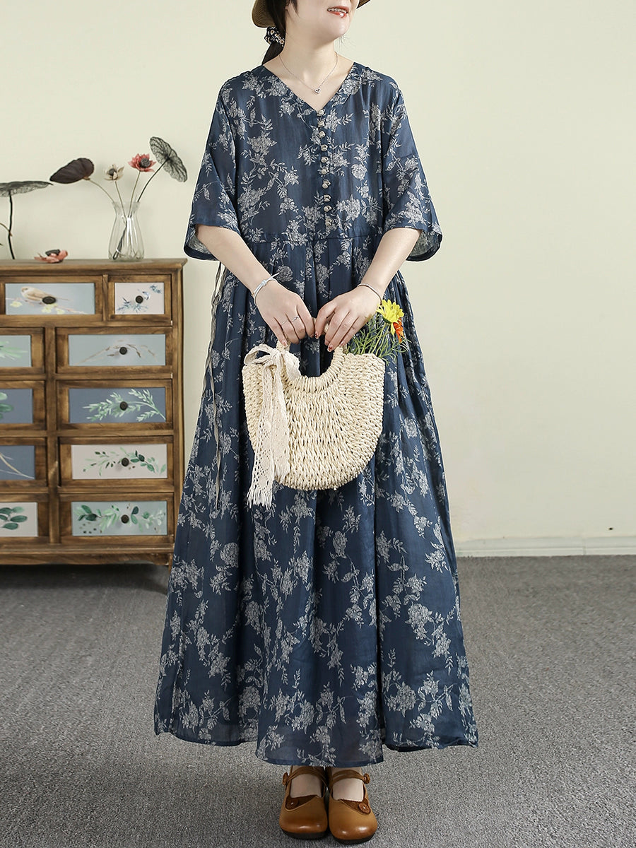 Plus Size Women Summer Vintage Flower V-Neck 100%Ramie Dress