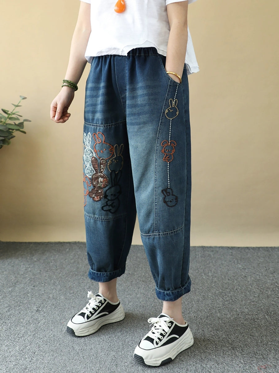 Women Summer Rabbit Embroidery Denim Harem Pants