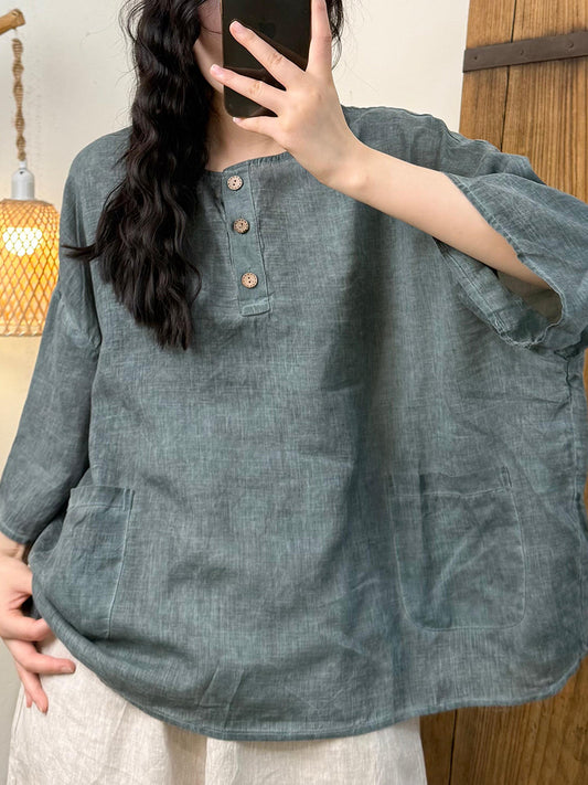 Plus Size Women Summer Retro Pure Color O-Neck Shirt