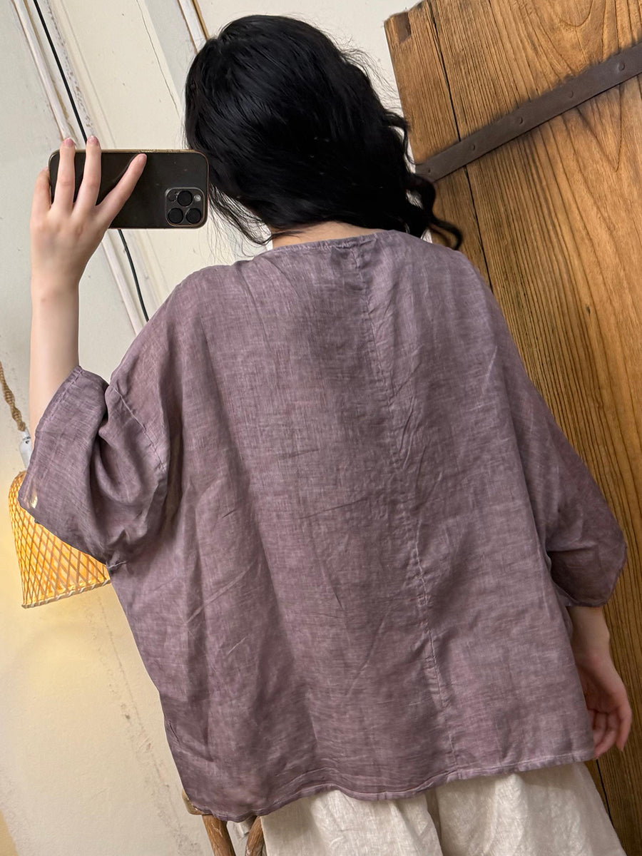 Plus Size Women Summer Retro Pure Color O-Neck Shirt