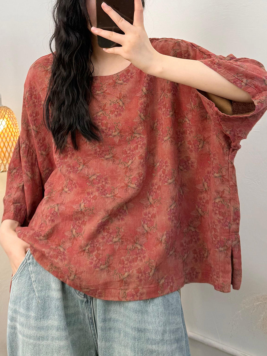 Plus Size Women Summer Casual Flower O-Neck 100%Cotton Loose Shirt