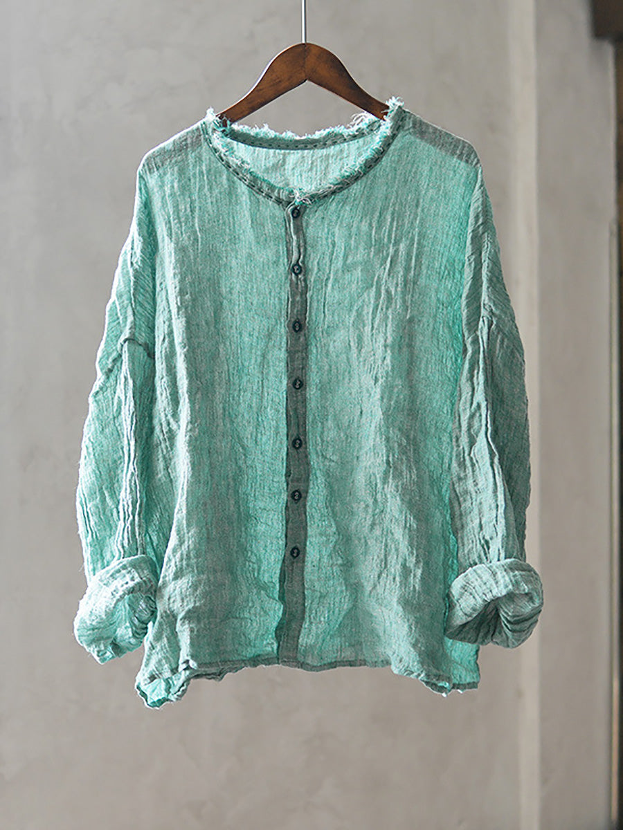 Women Summer Retro Pure Color Raw-edge O-Neck Linen Shirt