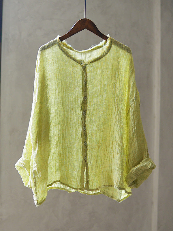 Women Summer Retro Pure Color Raw-edge O-Neck Linen Shirt