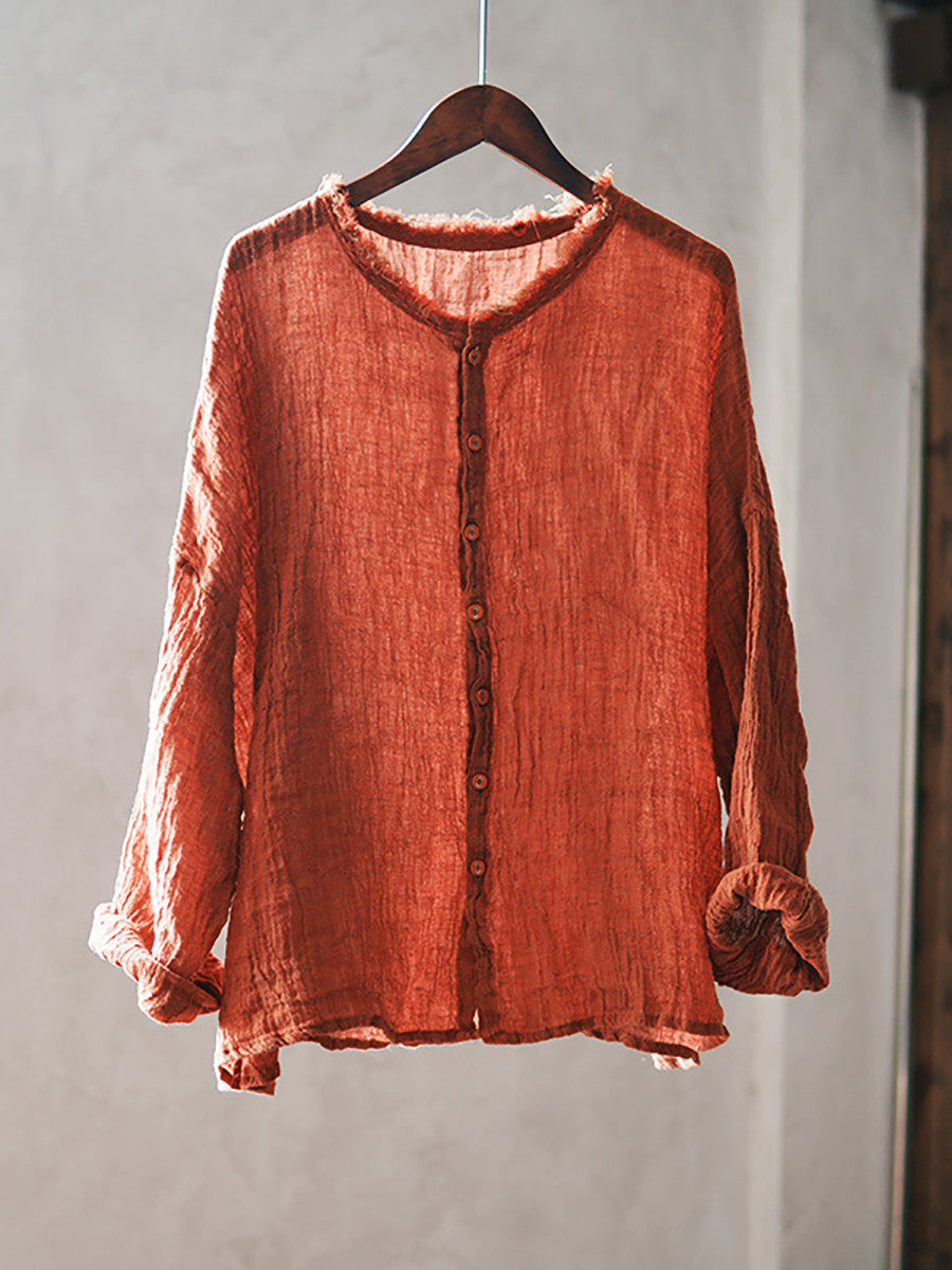 Women Summer Retro Pure Color Raw-edge O-Neck Linen Shirt